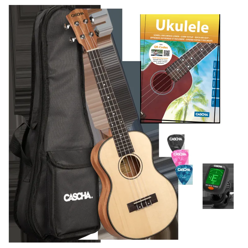 Cascha HH-2155 Tenor Ukulele Spruce Solid Top Set (incl. 4 languages Method (DE/EN/FR/ES), Bag padded, 3 Picks, Tuner, Top Spruce) Bestseller